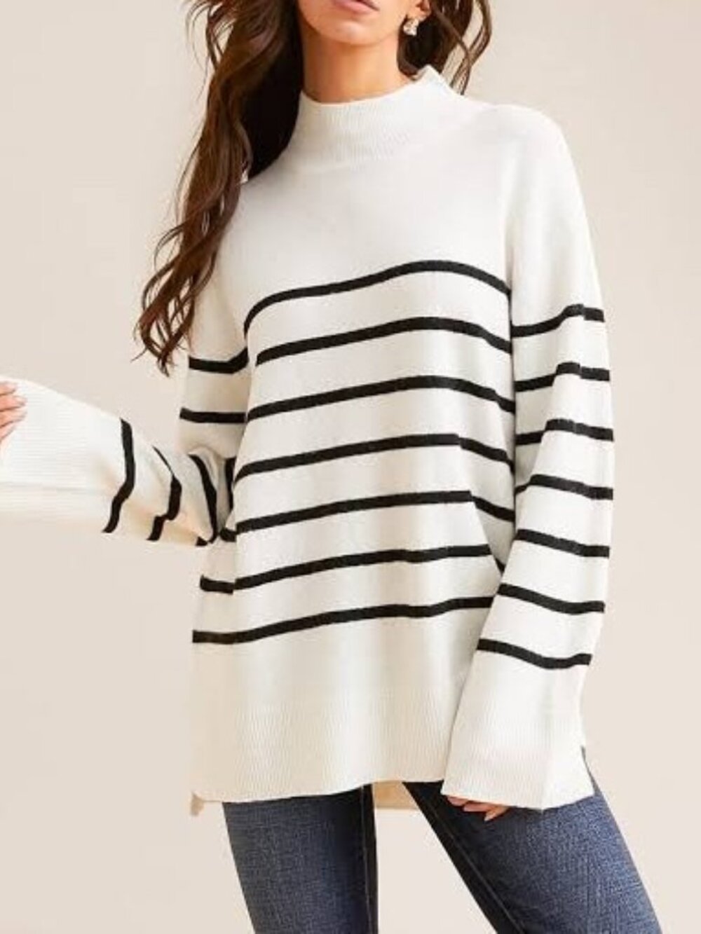Z Supply Women's Size M Fin Striped Mock Neck Pullover Sea Salt Sweater NEW